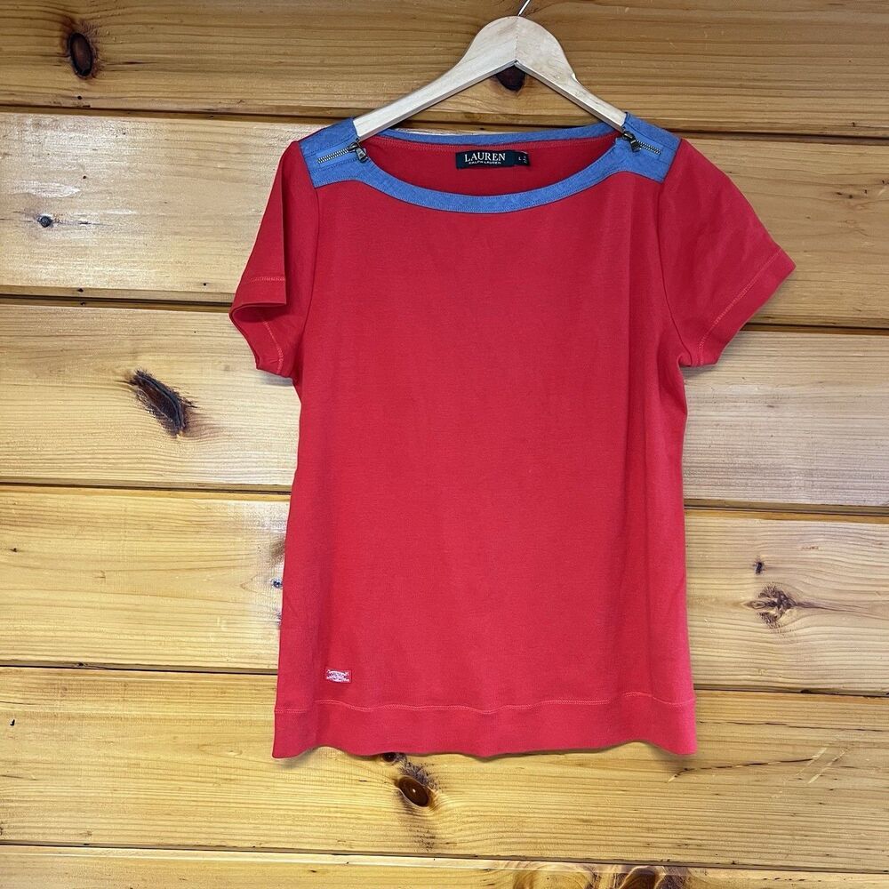 Lauren by Ralph Lauren L Red w/Denim Trim Zipper Accents Short Sleeve Top